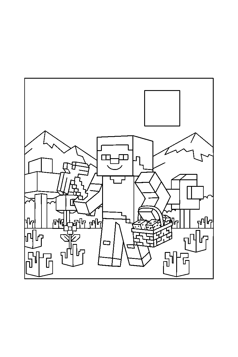 minecraft steve collecting material in a meadow line art