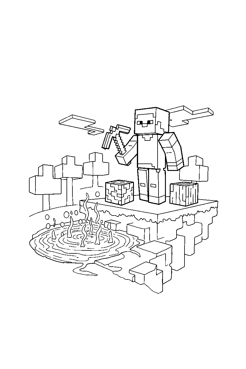 minecraft steve collecting materials near a lava lake line art