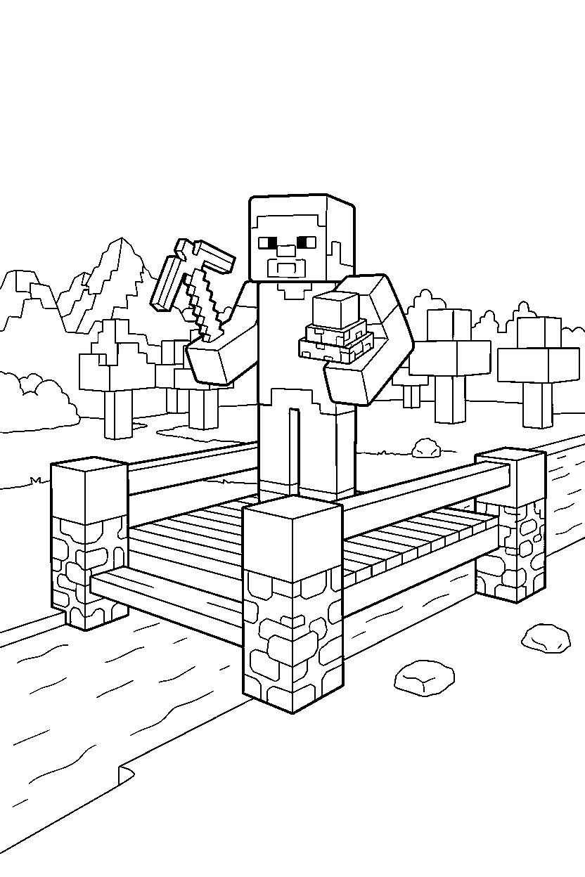 minecraft steve collecting resources on a bridge line art