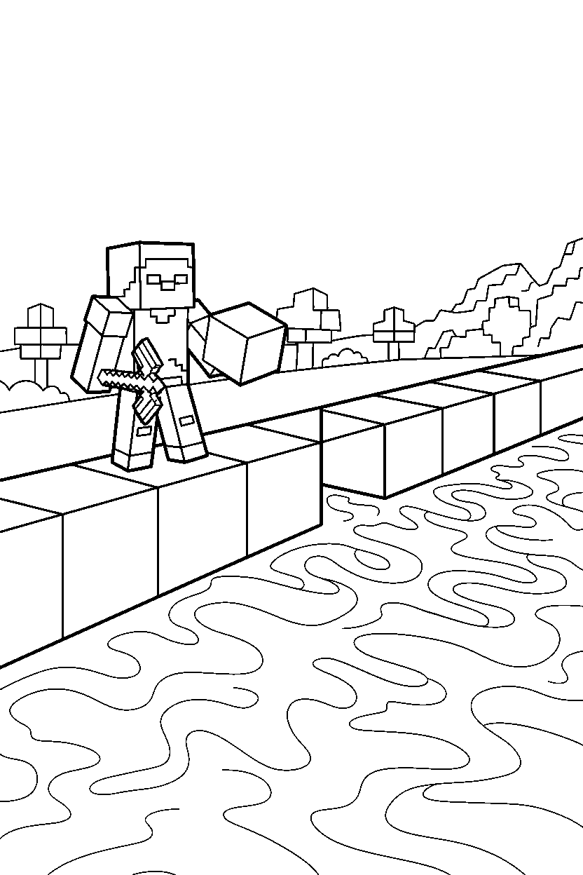 minecraft steve constructing something near a lava lake line art