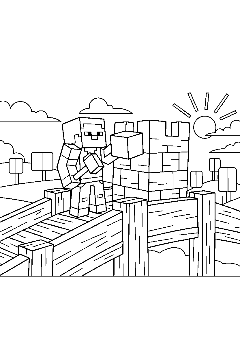 minecraft steve constructing something on a bridge line art