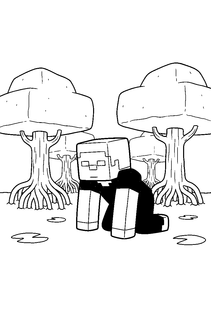 minecraft steve crawling calmly in a mangrove swamp line art