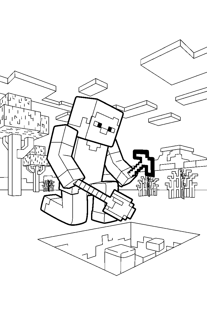 minecraft steve digging carefully in a savanna line art