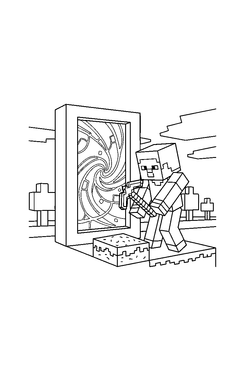 minecraft steve digging carefully near a portal line art