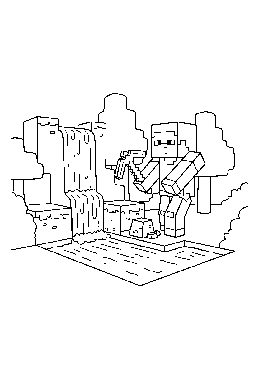 minecraft steve digging slowly near a waterfall line art