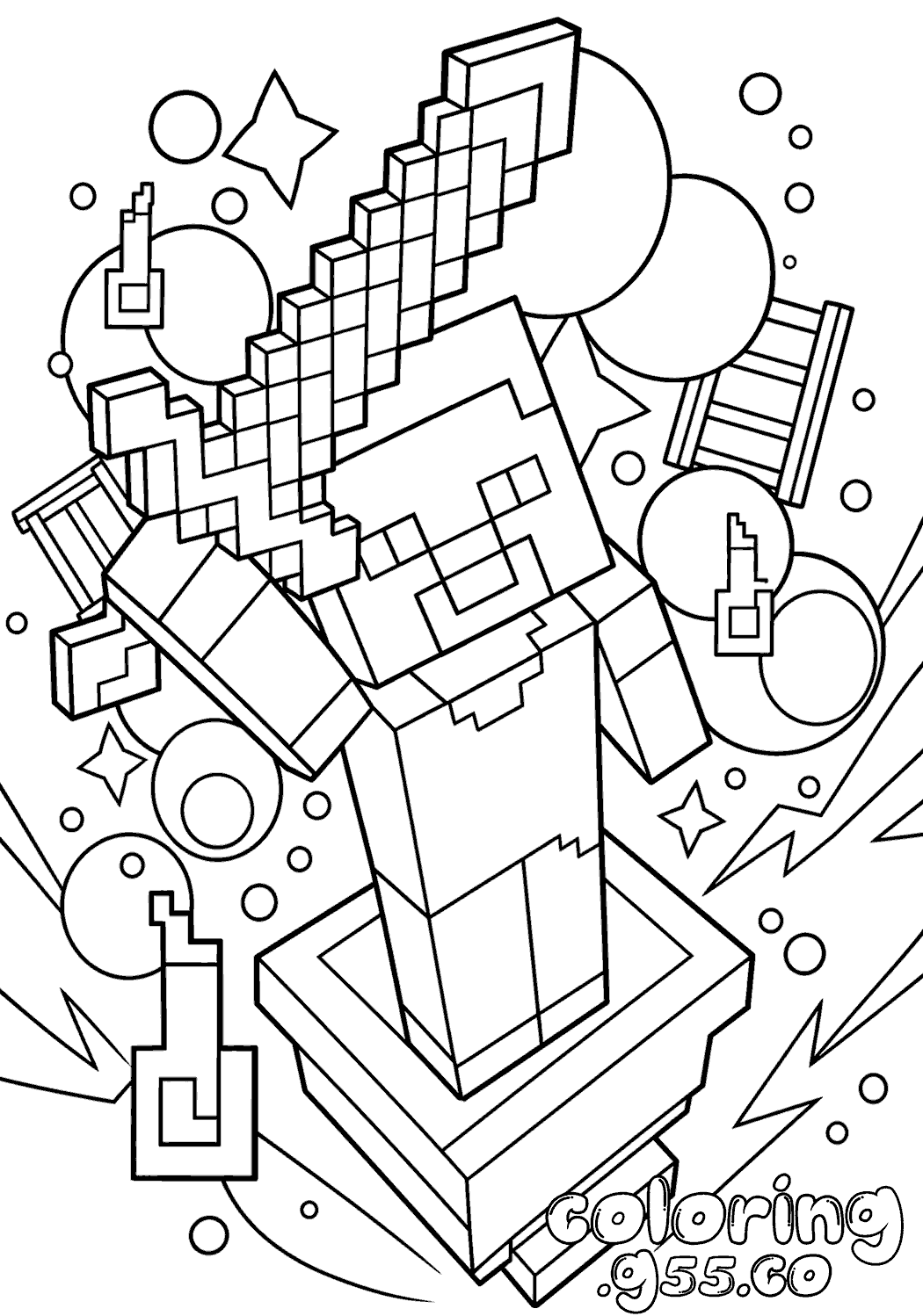 minecraft steve epic sword battle line art for kids