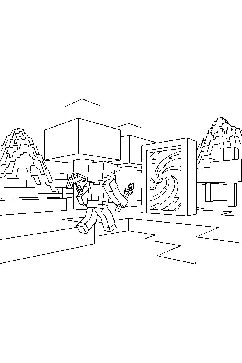 minecraft steve exploring carefully near a portal line art