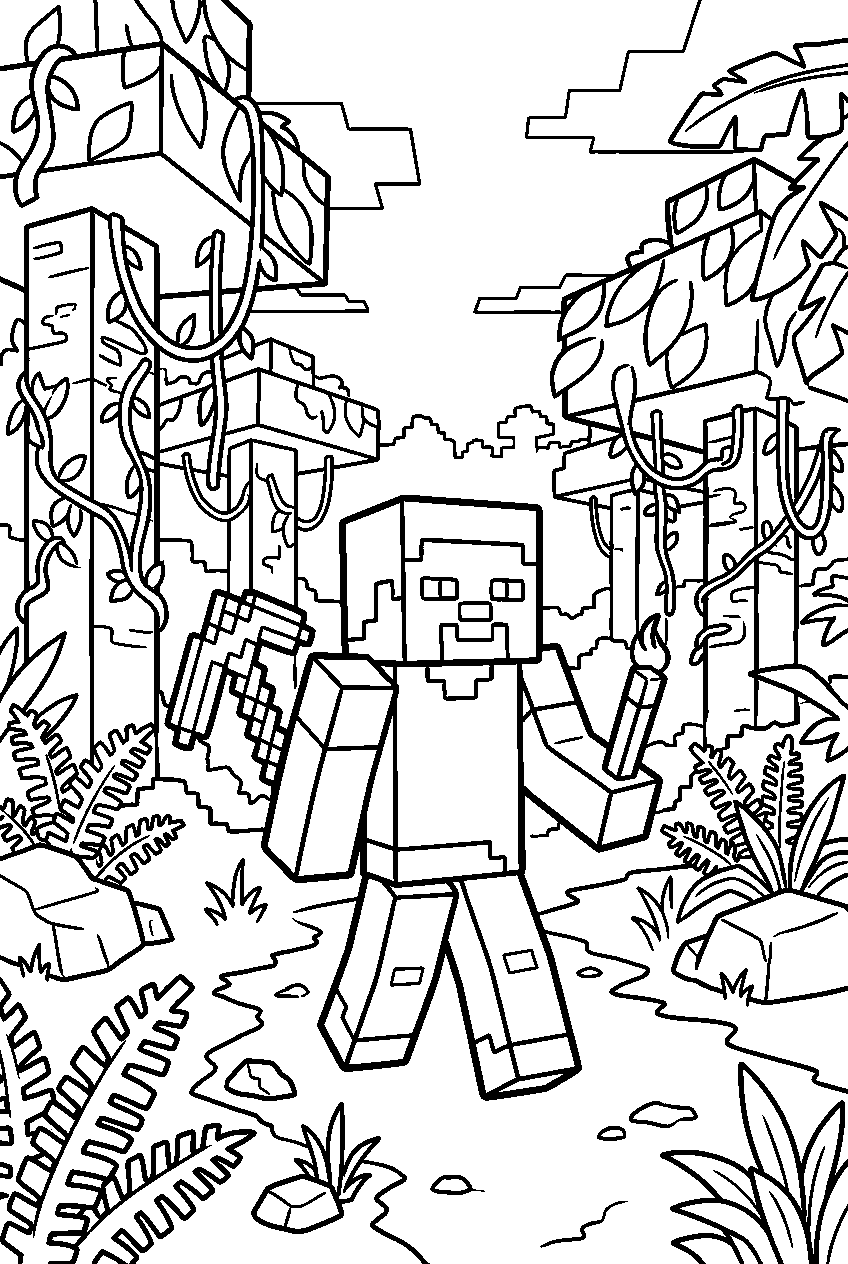 minecraft steve exploring in jungle biome line art
