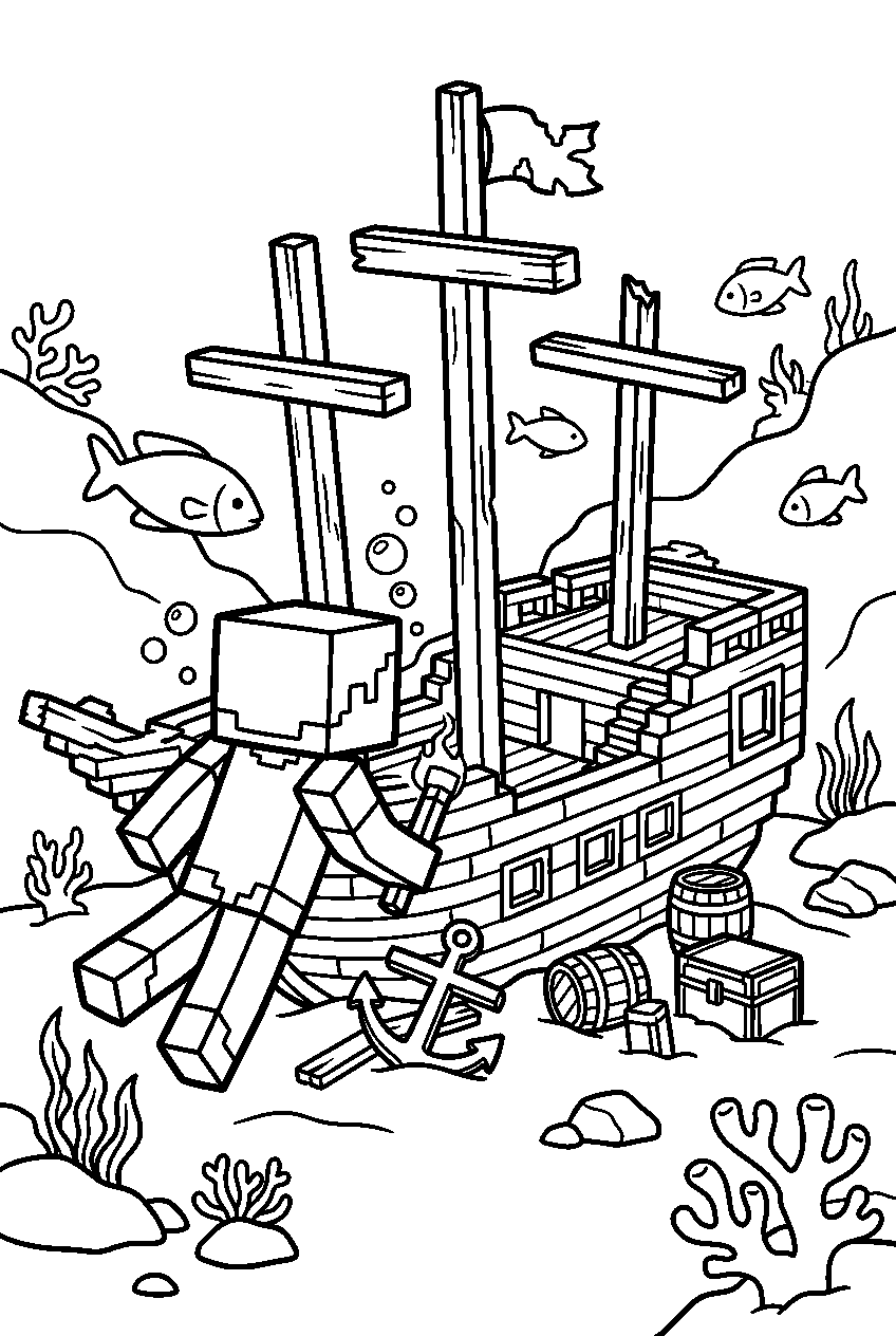 minecraft steve exploring in shipwreck area line art