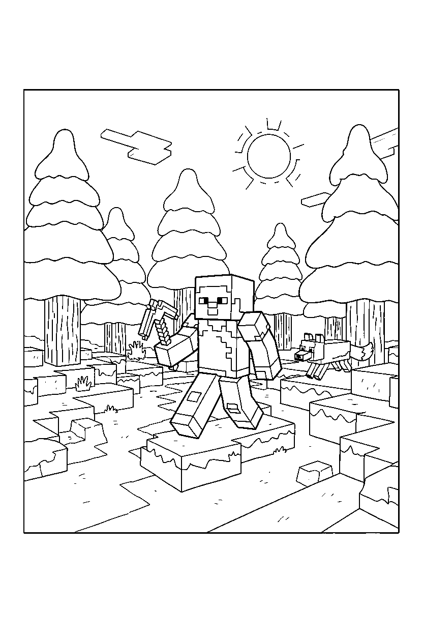 minecraft steve exploring in taiga forest line art