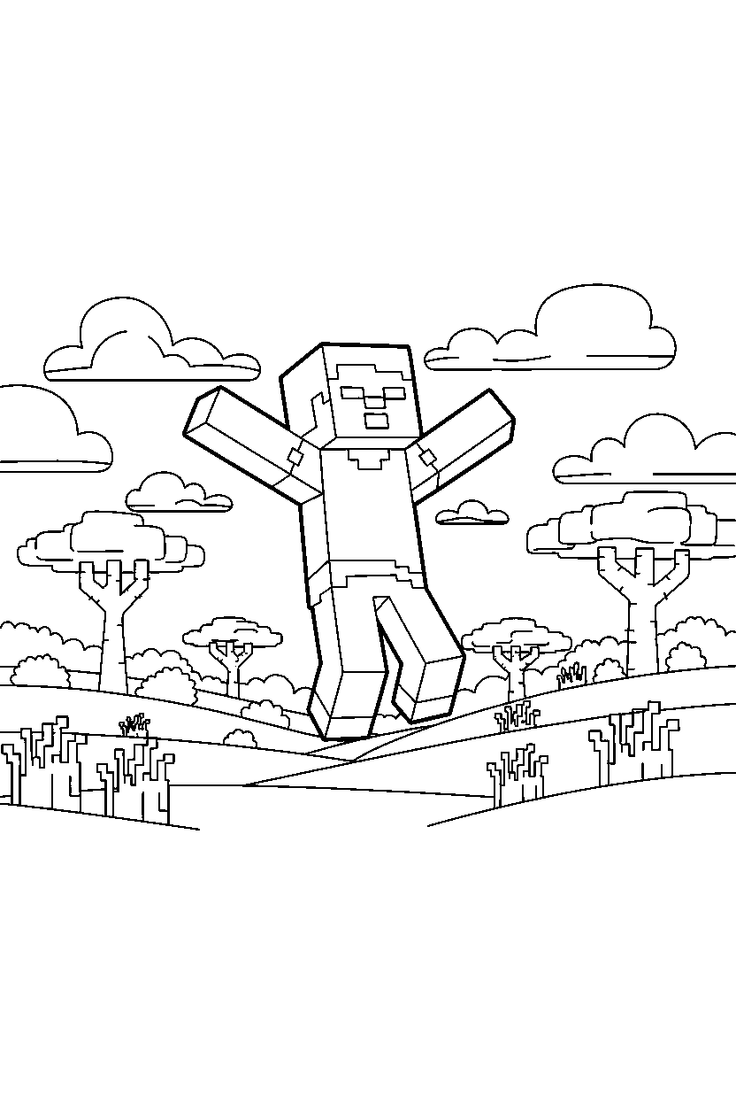 minecraft steve flying calmly in a savanna line art