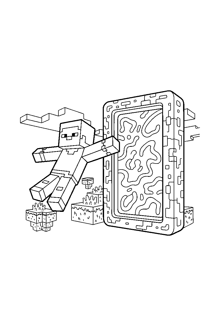 minecraft steve flying calmly near a portal line art