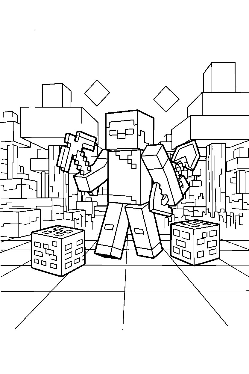 minecraft steve gathering resources in a forest line art