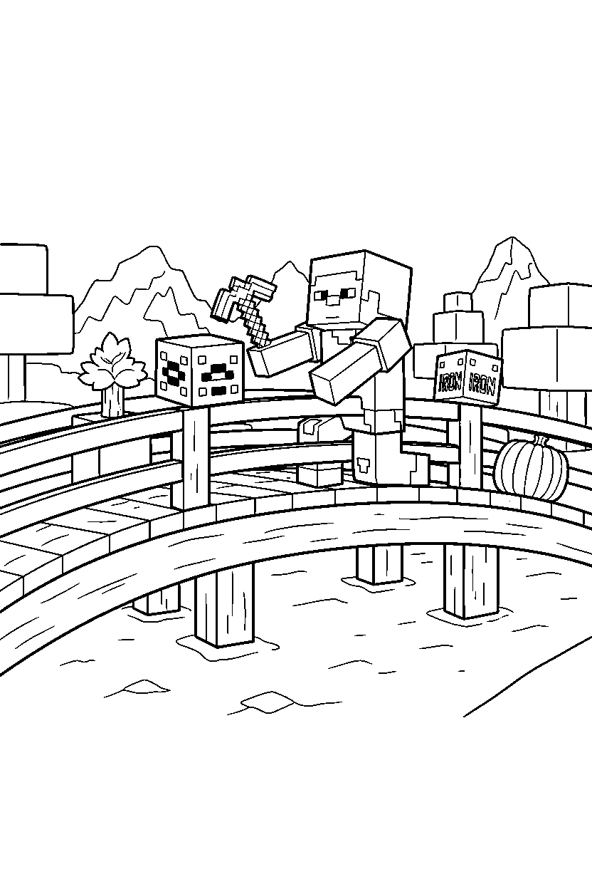 minecraft steve gathering resources on a bridge line art