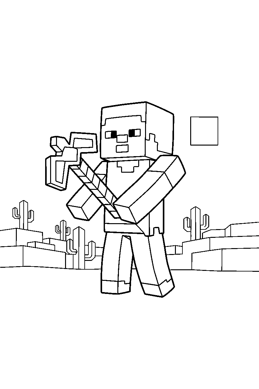 minecraft steve holding a crafted item in a desert line art