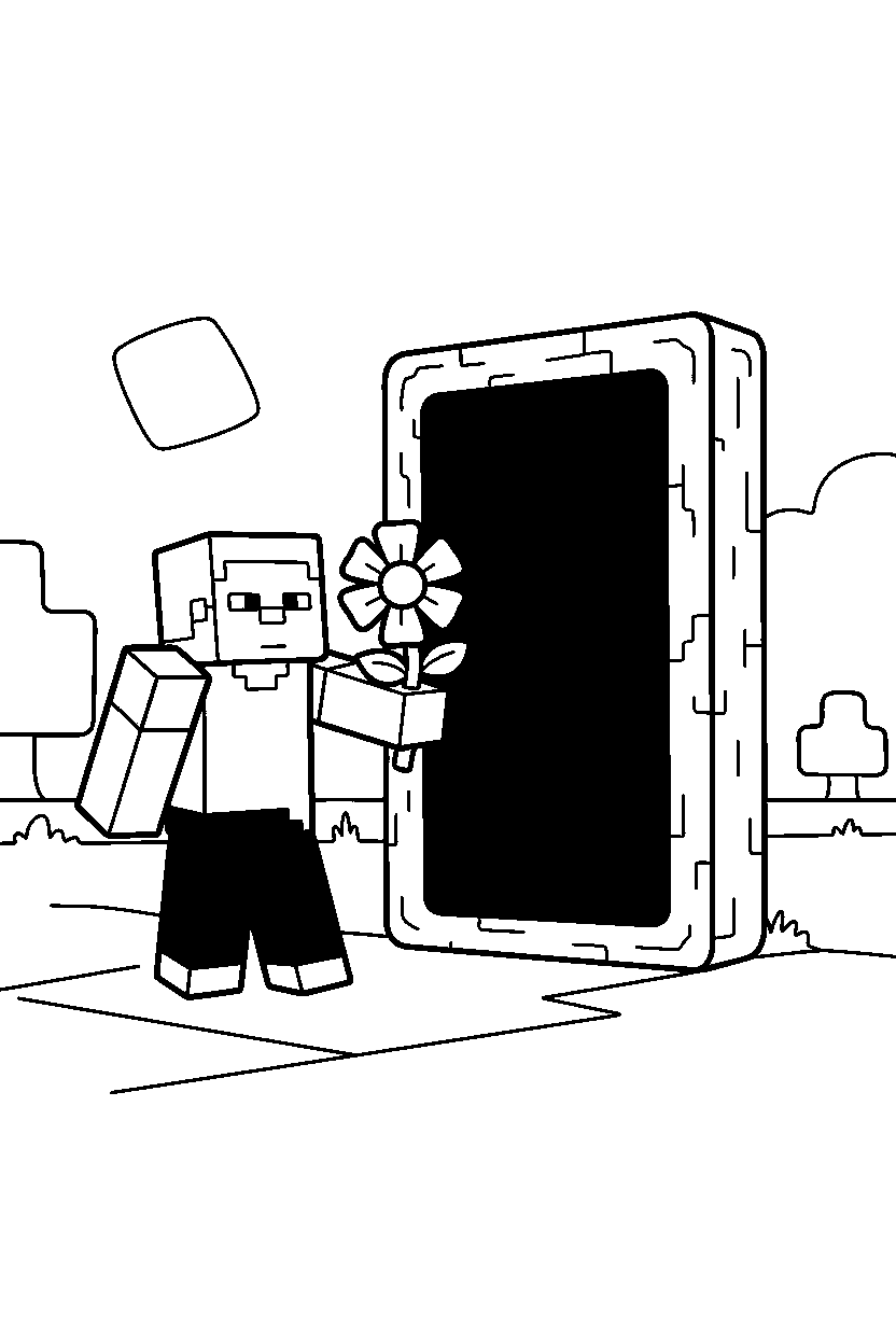 minecraft steve holding a flower near a nether portal line art