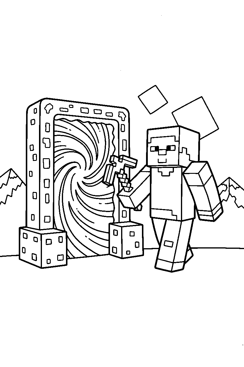 minecraft steve holding a pickaxe near a nether portal line art