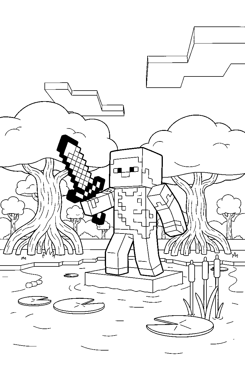 minecraft steve holding a sword in a mangrove swamp line art
