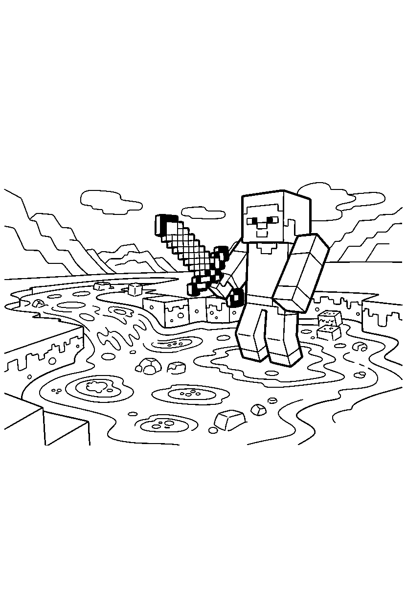 minecraft steve holding a sword near a lava lake line art