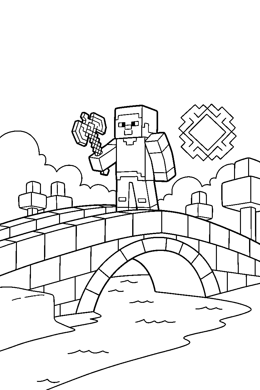 minecraft steve holding an axe on a bridge line art