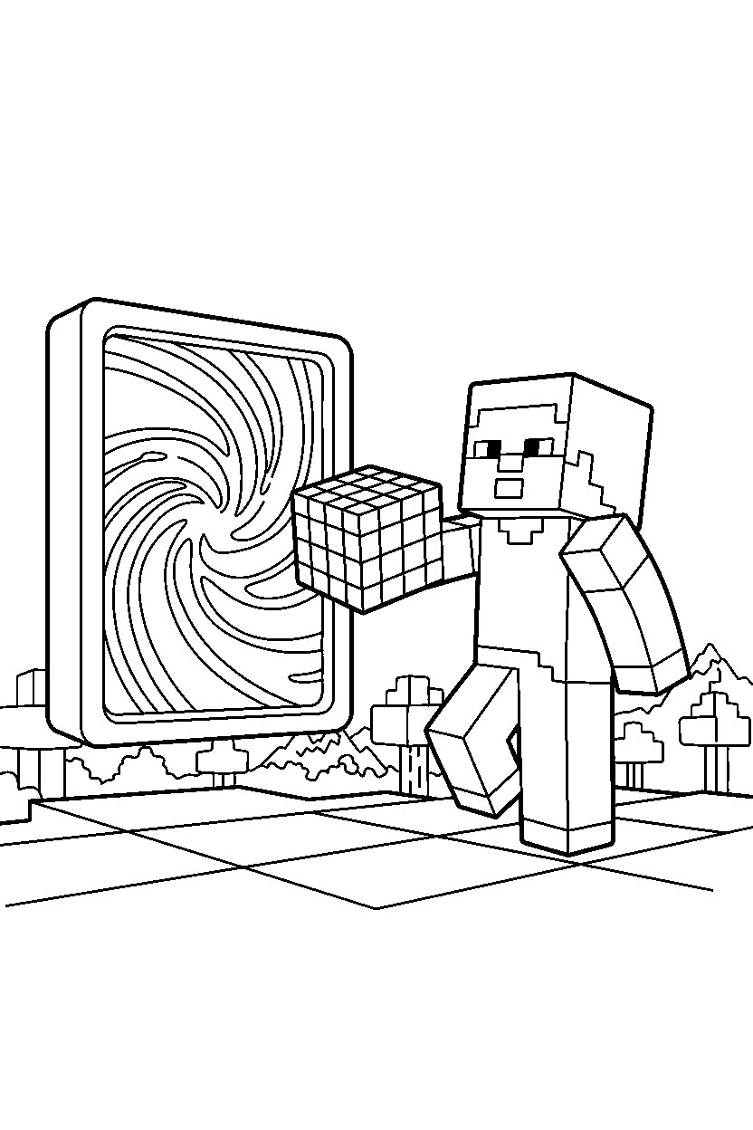 minecraft steve holding building block near a portal line art