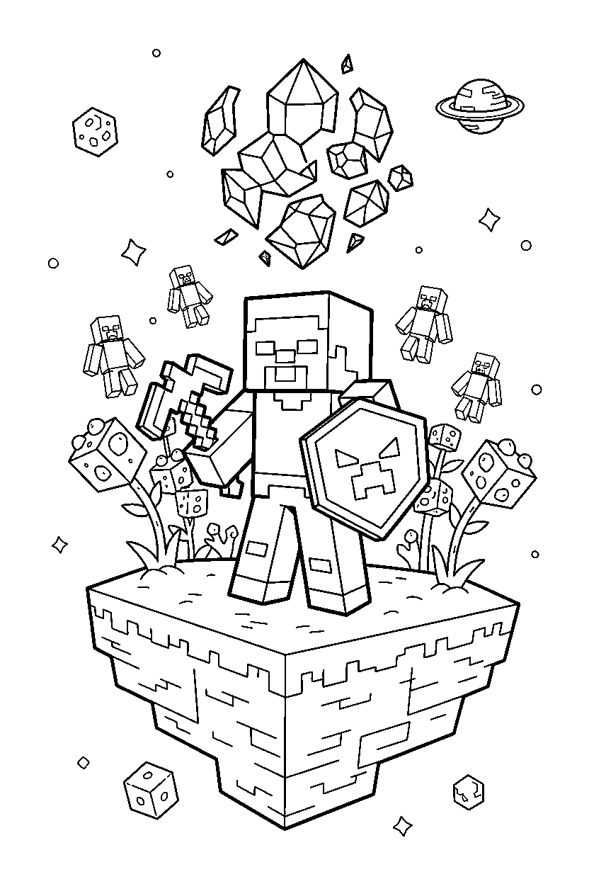 minecraft steve holding equipment on an end island line art