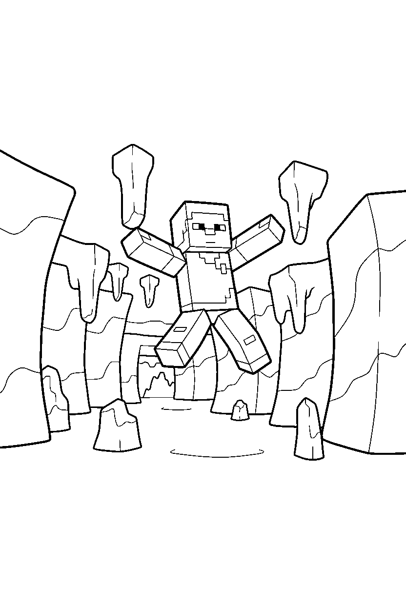 minecraft steve jumping in icy cave line art