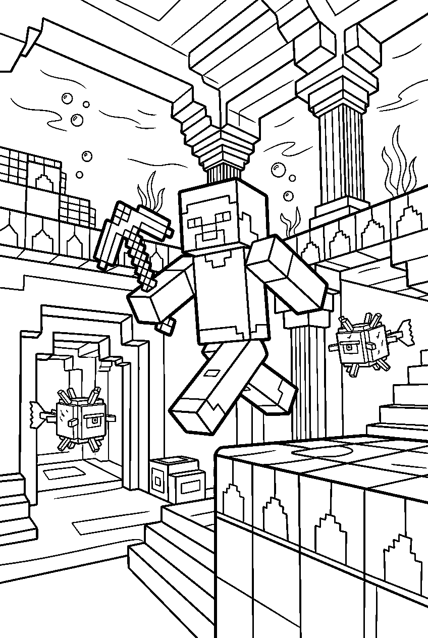 minecraft steve jumping in ocean monument line art