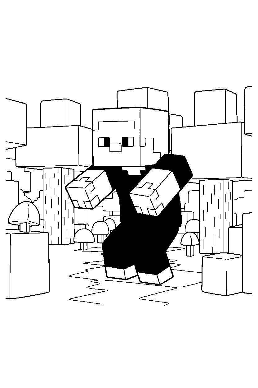minecraft steve looking around carefully in a forest line art