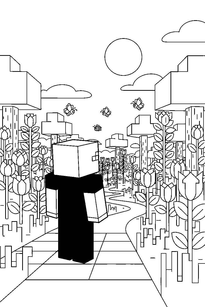minecraft steve looking into the distance in a flower forest line art