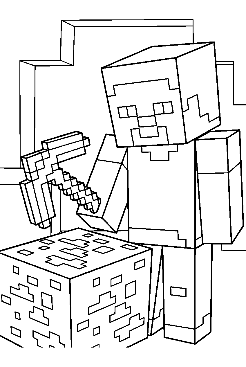minecraft steve mining diamonds line art