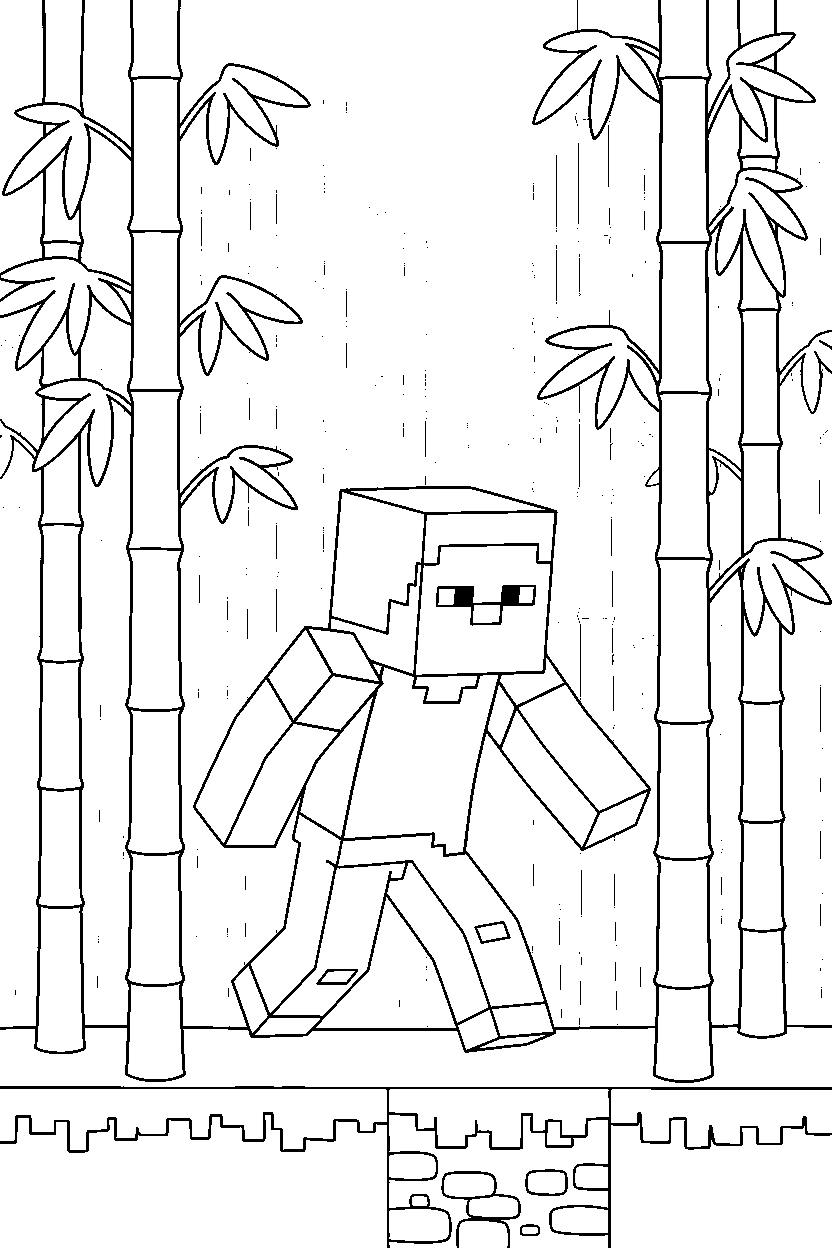minecraft steve moving carefully in a bamboo jungle line art