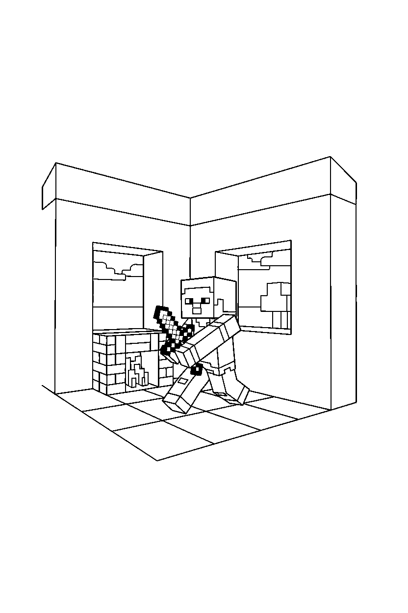 minecraft steve moving carefully inside a house line art