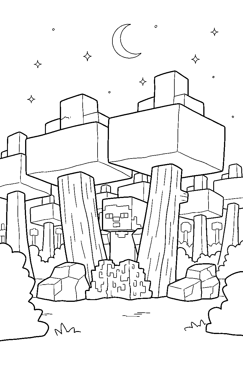 minecraft steve observing from a distance in a dark forest line art