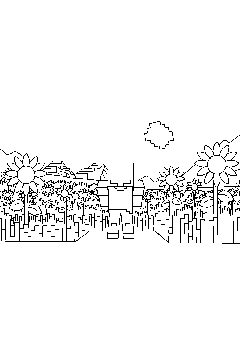 minecraft steve observing from a distance in sunflower plains line art