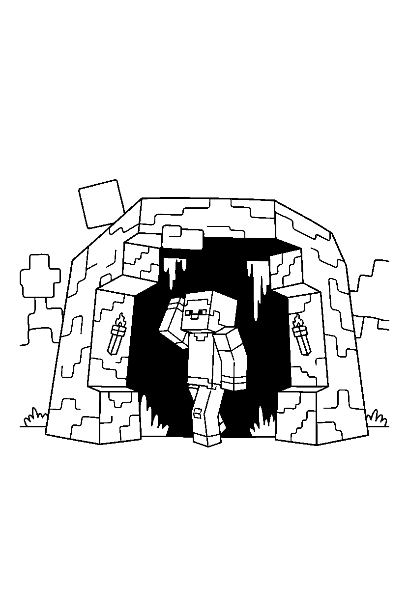 minecraft steve observing in cave entrance line art