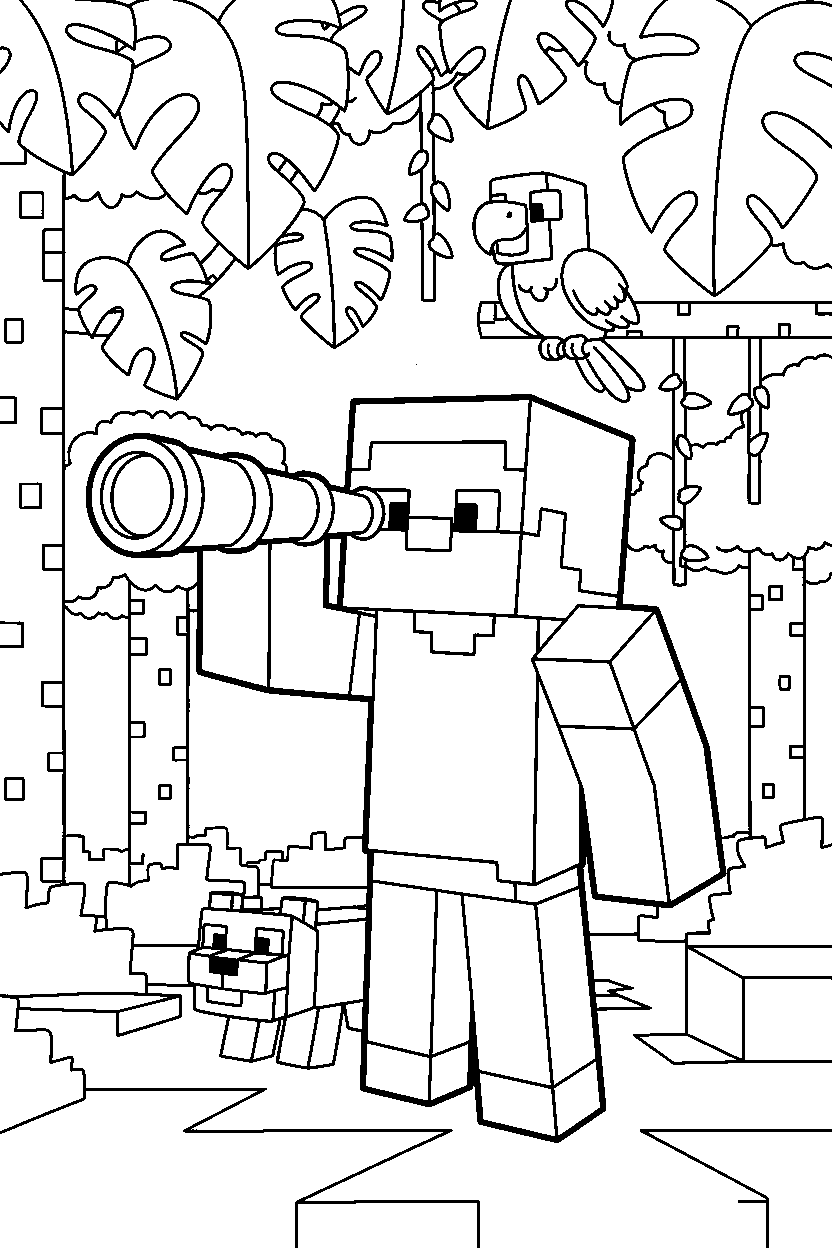 minecraft steve observing in jungle line art