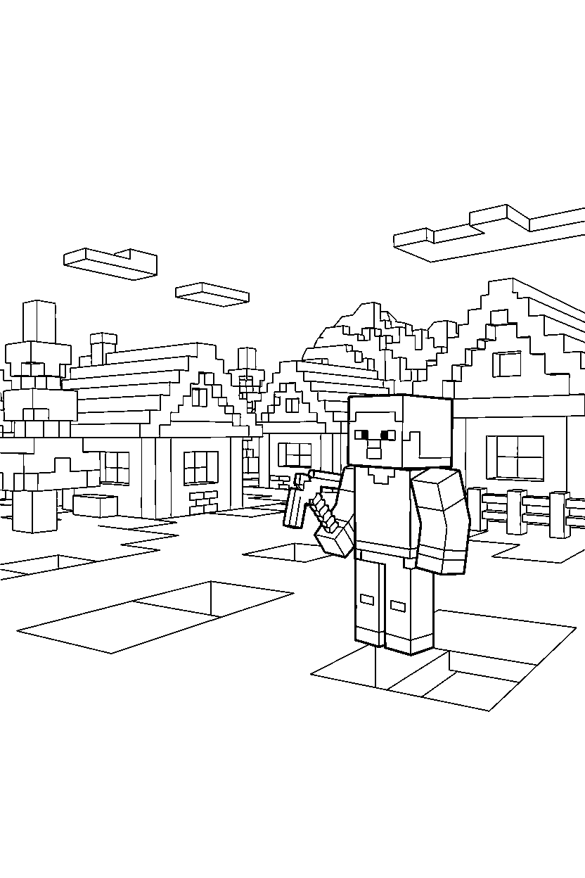 minecraft steve observing in snow village line art