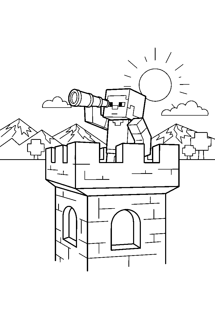 minecraft steve observing in tower line art
