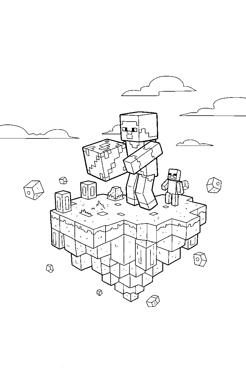 minecraft steve placing block carefully on an end island line art