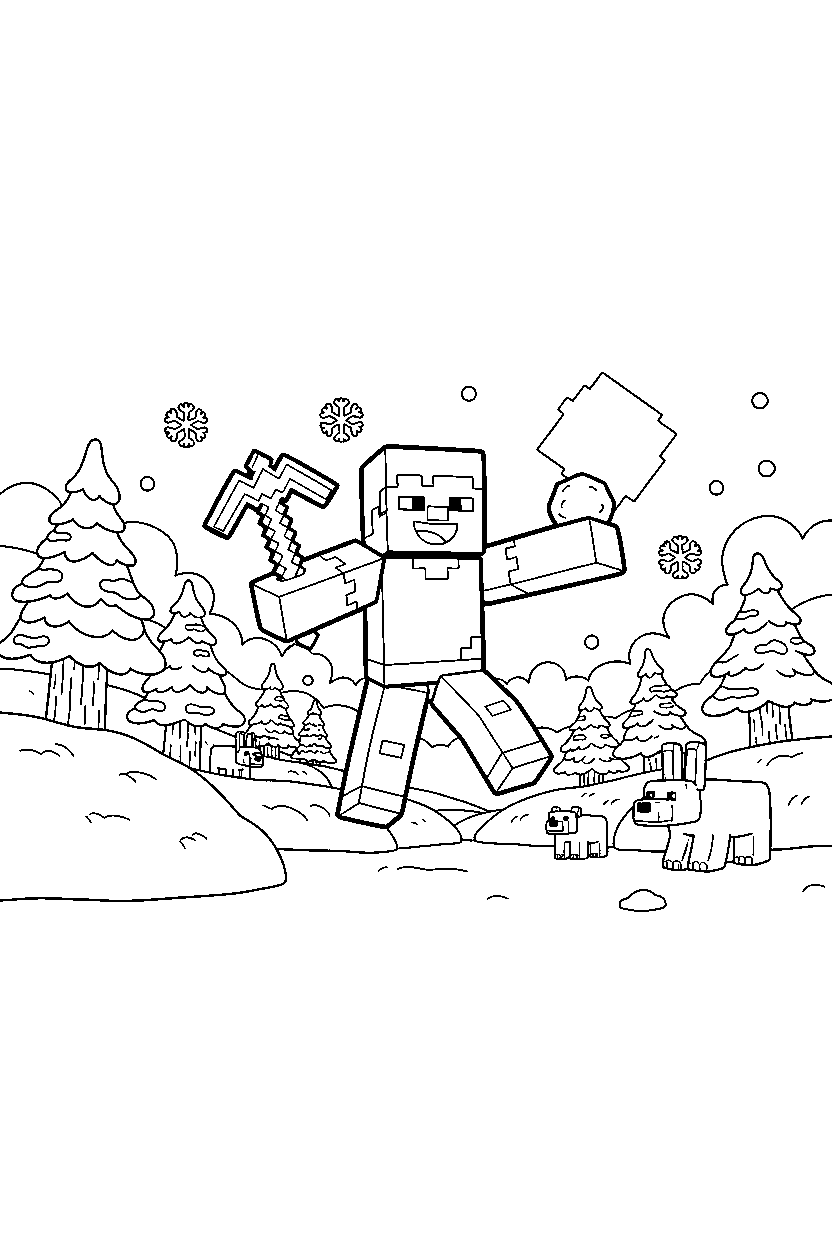 minecraft steve playing happily in snowy tundra line art