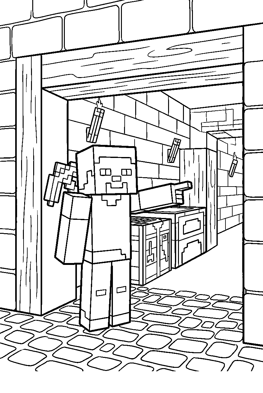minecraft steve pointing in underground base line art