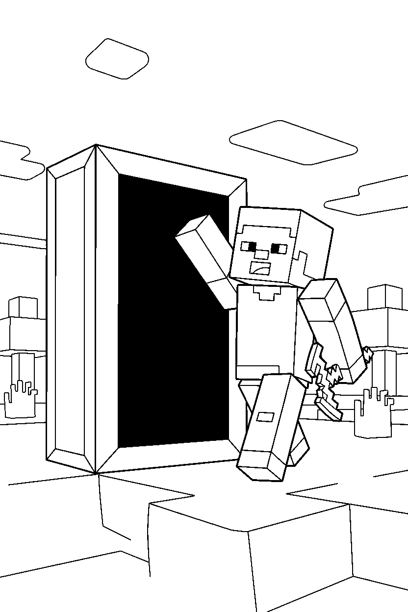 minecraft steve posing happily near a nether portal line art