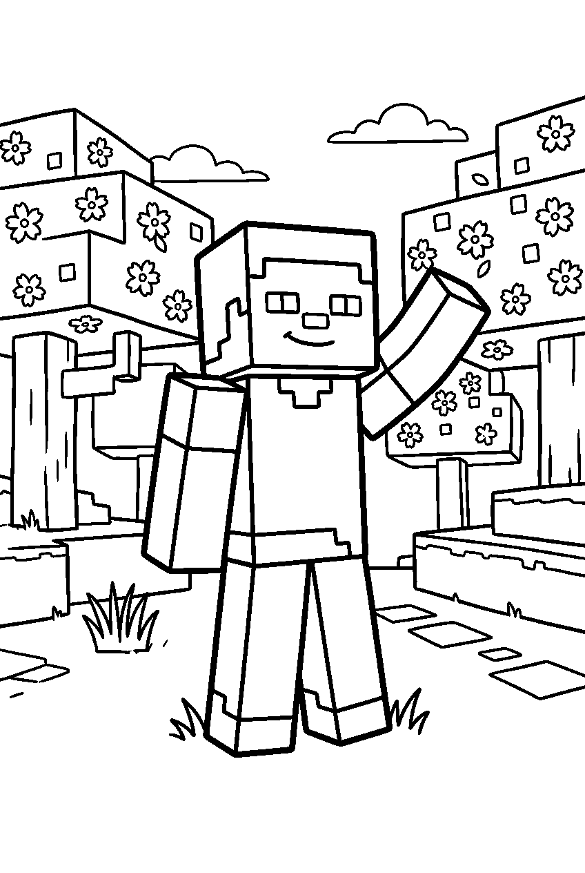 minecraft steve posing in cherry grove line art