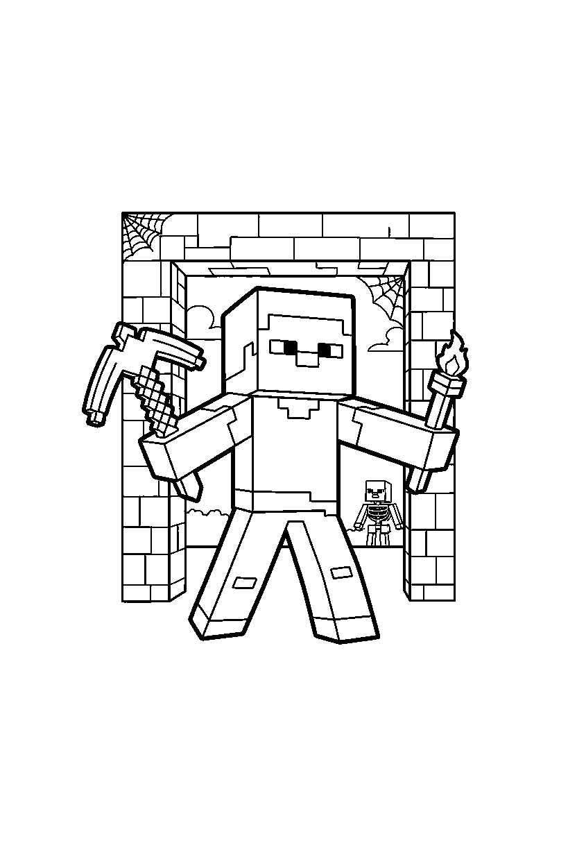 minecraft steve posing in dungeon line art