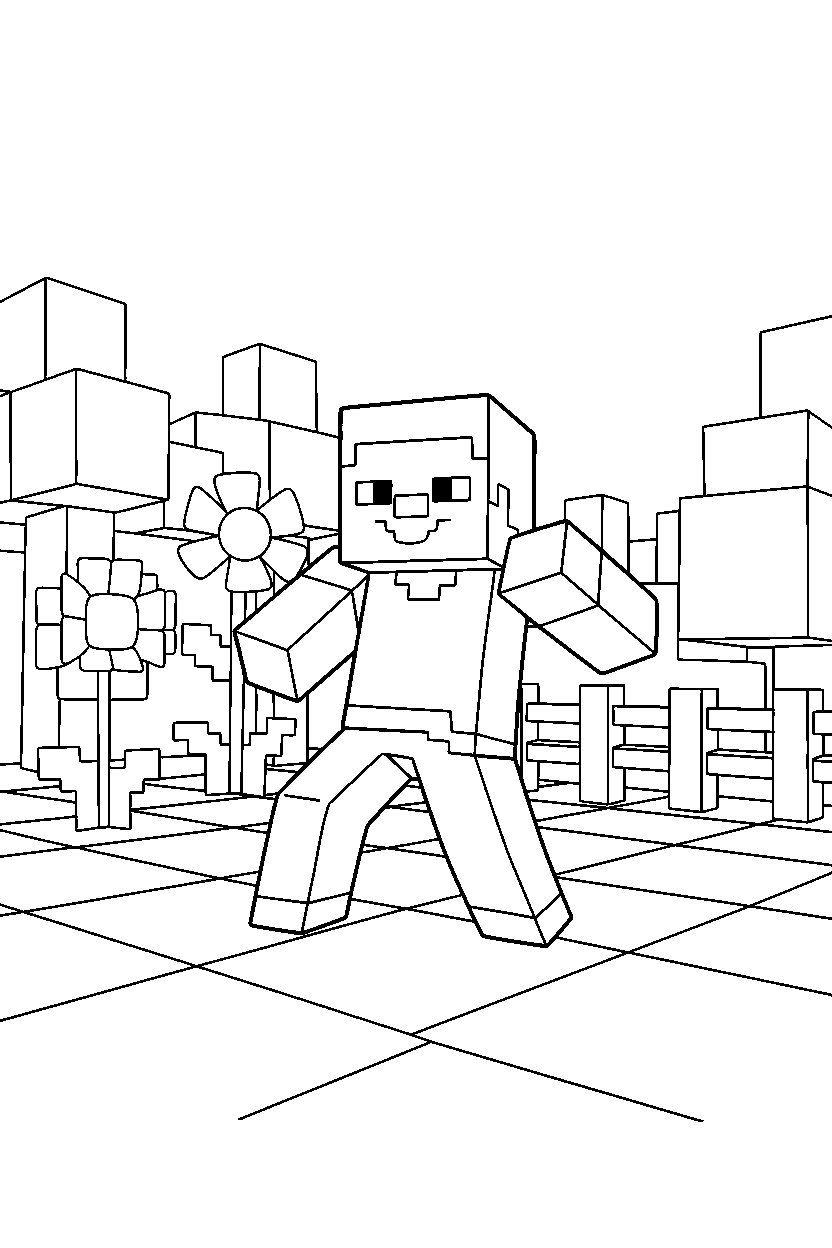 minecraft steve posing in garden line art