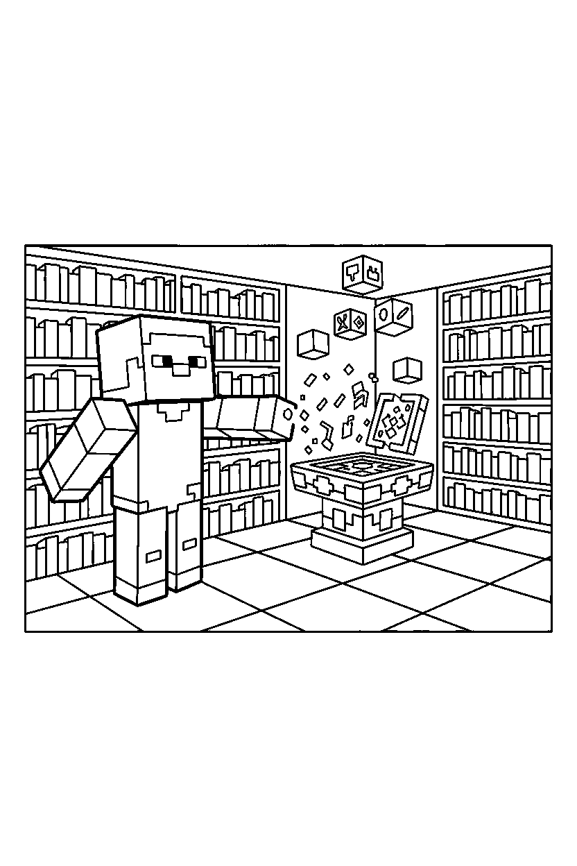 minecraft steve reaching in enchanting room line art