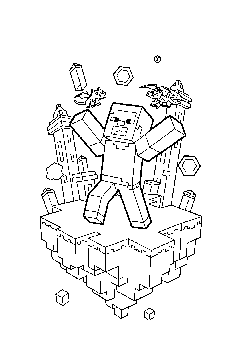 minecraft steve roaring playfully on an end island line art