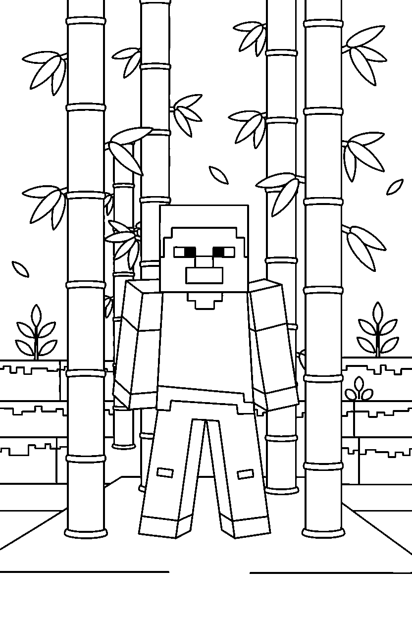 minecraft steve standing calmly in a bamboo jungle line art