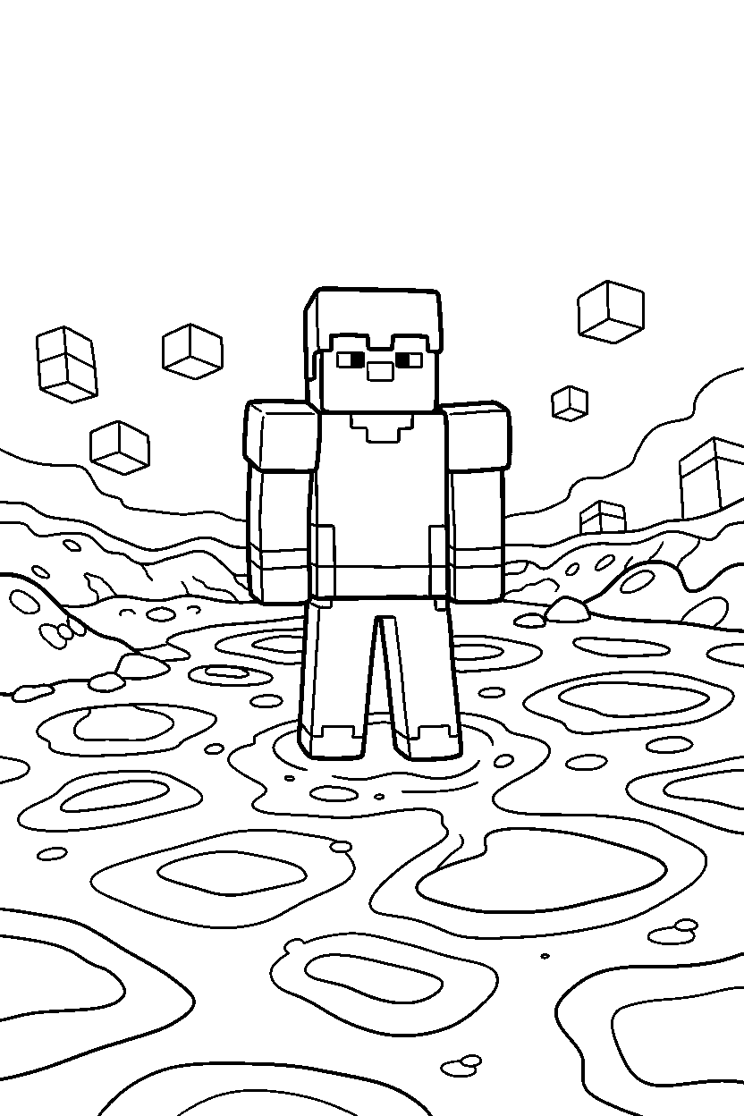 minecraft steve standing calmly in lava field line art